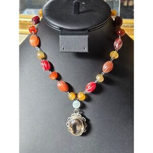 Smoky Quartz Intaglio Pendant Beaded Necklace Toggle‎ Clasp